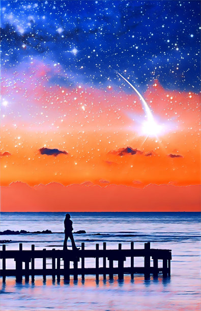 幻想风景电子书封面模板剪影的一个女人走在码头上欣赏星星在天空中的数字插图。这张照片的元素是由美国宇航局提供的图片下载