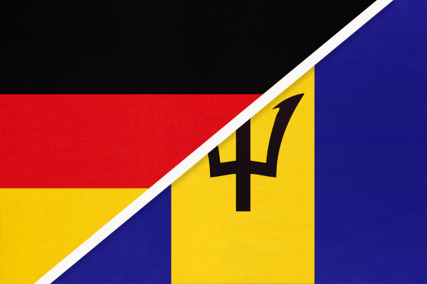 德国对巴巴多斯，两国国旗的象征。欧洲和美洲国家的关系。图片下载