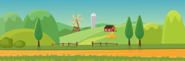 可爱的乡村景观全景农场卡通平面矢量插图。绿野、山峦、树木、草堆、土路、树篱、风车、房屋、谷物提升机尽收眼底。图片下载