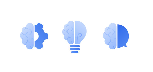 知识、头脑风暴、教育理念。矢量平面图标插图集。大脑符号与齿轮，灯泡和谈话气泡符号。设计网页，学院和大学的课程标志图片下载