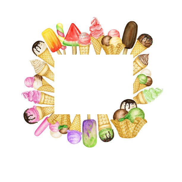 在华夫蛋筒框架内装饰有巧克力的冰棍、冰淇淋球。水彩插图孤立的白色背景。香草，粉色草莓覆盆子，绿色冰淇淋球图片下载