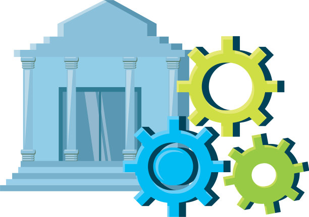 银行建筑与齿轮隔离图标图片下载