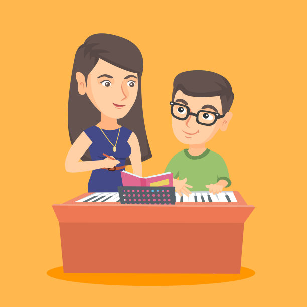 小男孩正在跟老师上钢琴课图片下载