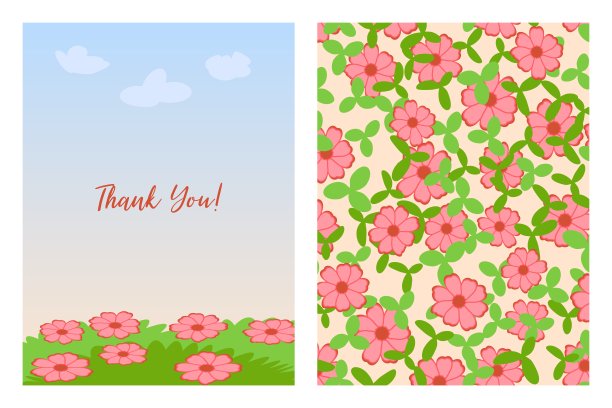 花图案的感谢卡。平面风格手绘插图与文本复制空间。简单的卡通设计。图片下载