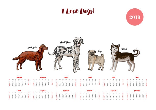2019年狗日历不同品种的狗图片下载