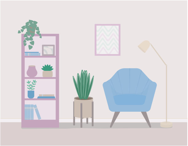可爱的房间内饰，家具，椅子，书架，书籍和家花，灯，设计。图片下载