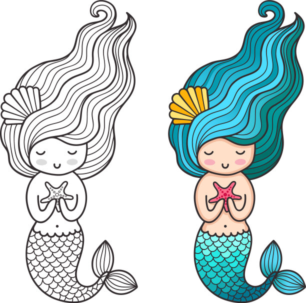 美人鱼与海星可爱的卡通人物图片下载