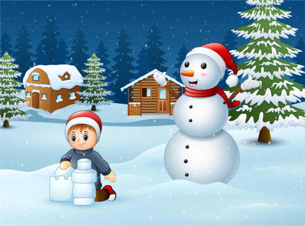 卡通男孩正在堆雪图片下载