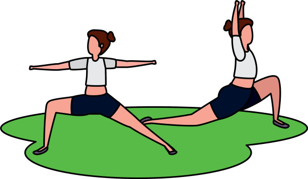 美丽女孩夫妇在草地上练习普拉提图片下载