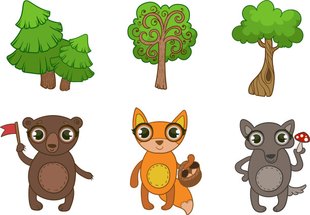 可爱的林地动物和绿色的森林树木设置图片下载