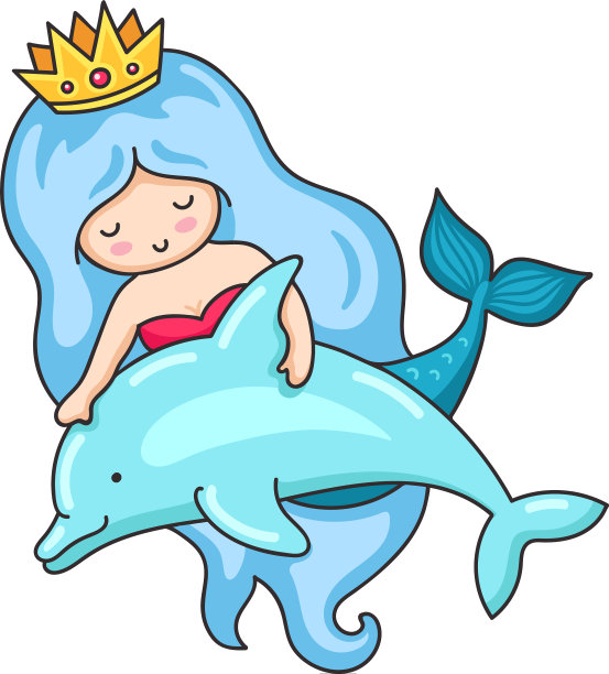 蓝色波浪长发的美人鱼和海豚图片下载