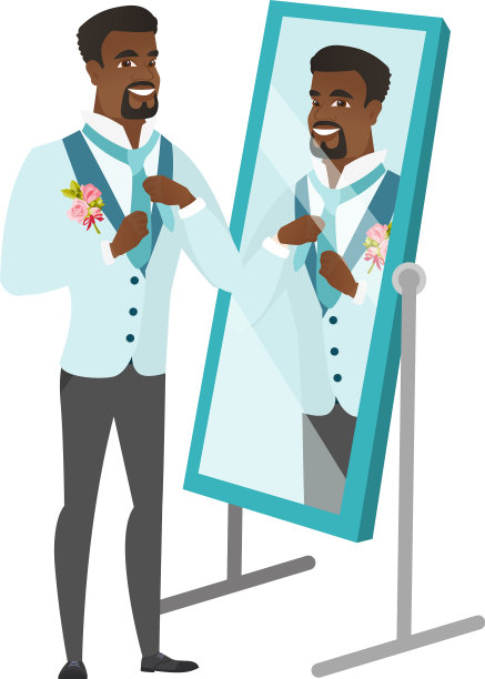 新郎看着镜子，调整领带图片下载