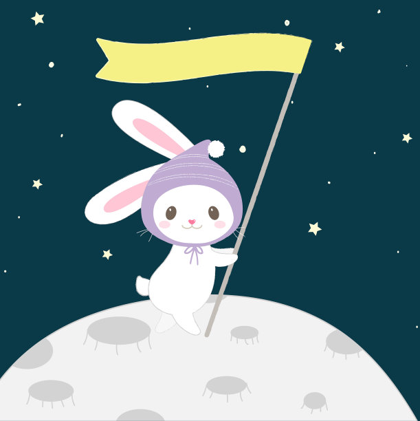 可爱的卡通兔子在月亮上手绘风格图片下载