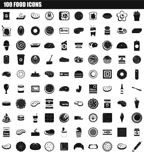 100个食物图标设置简约风格图片下载