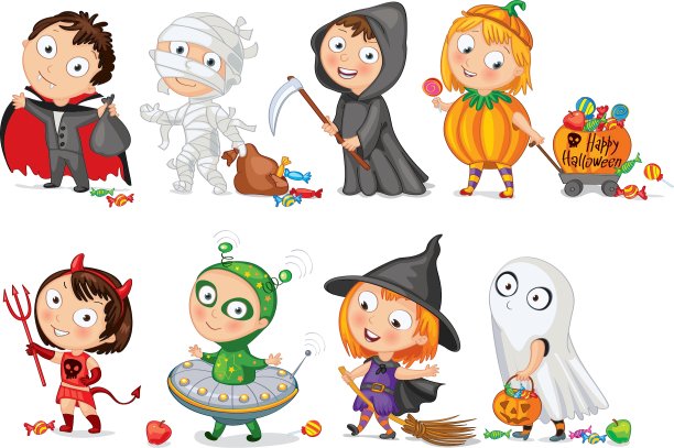 万圣节快乐，小朋友们穿着五彩缤纷图片下载