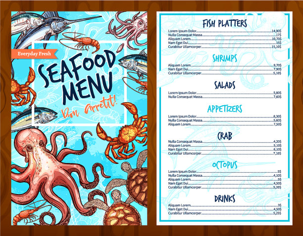 新鲜海鲜和鱼菜餐厅菜单图片下载