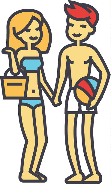 快乐的海滩夫妇在海滩上穿年轻的女人和图片下载