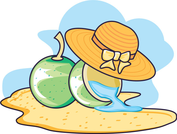 帽子女柳条在沙滩上与椰子图片下载