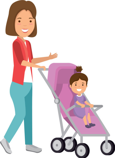 母亲和一个小女孩在推车里图片下载