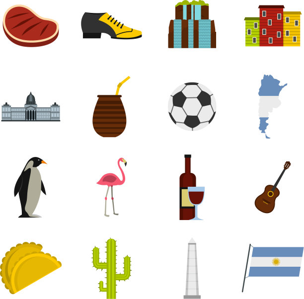 阿根廷旅行物品图标设置在平坦的风格图片下载
