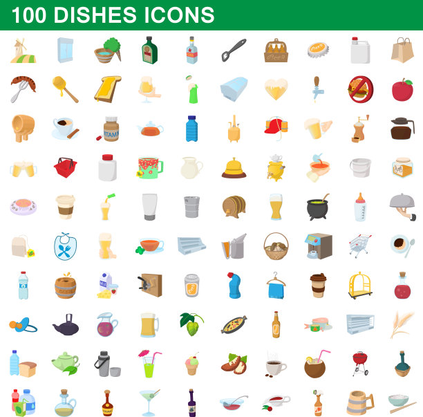 100个菜式图标设置卡通风格图片下载