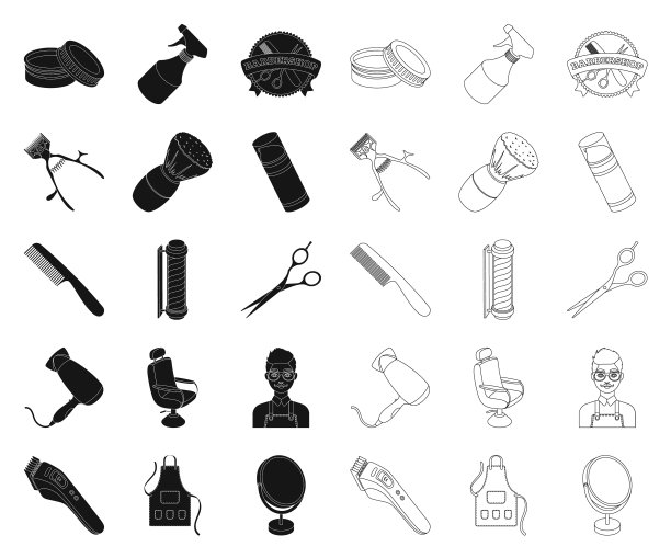 理发店和设备的黑色轮廓图标图片下载