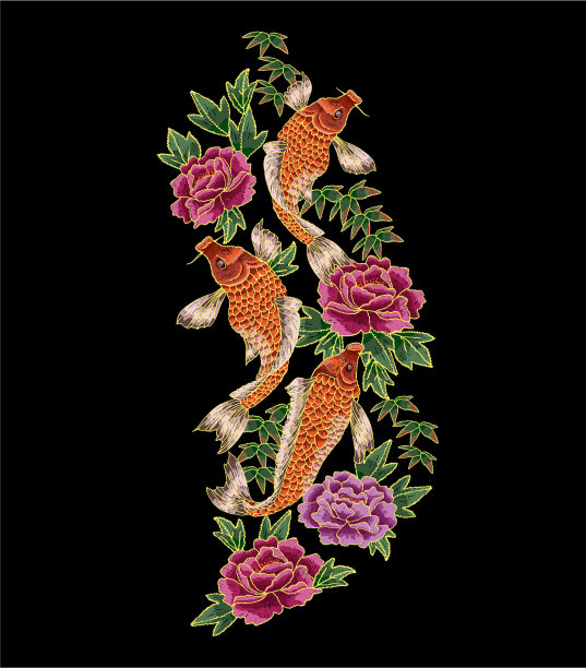 日本鲤鱼和花刺绣图片下载