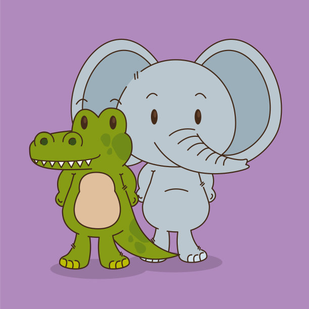 可爱的小大象和鳄鱼的角色图片下载