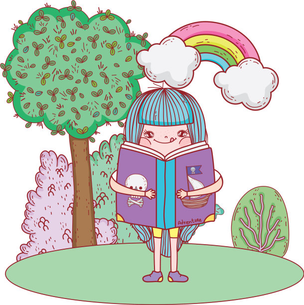 快乐的小女孩用彩虹看书图片下载