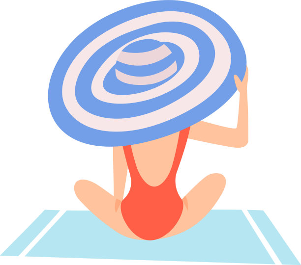 女孩穿着红色泳衣和帽子在海滩上晒太阳图片下载