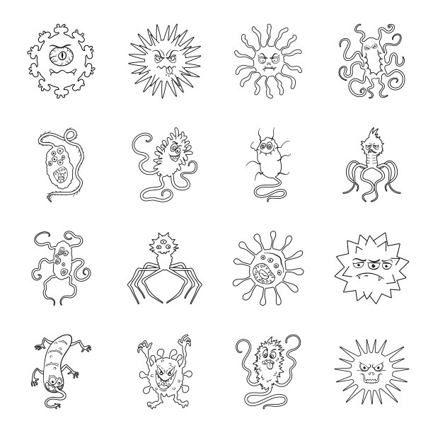 病毒和细菌的图标设置在大的线条风格图片下载