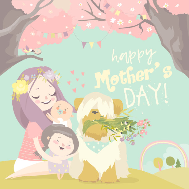 快乐的女人和孩子在盛开的春天图片下载