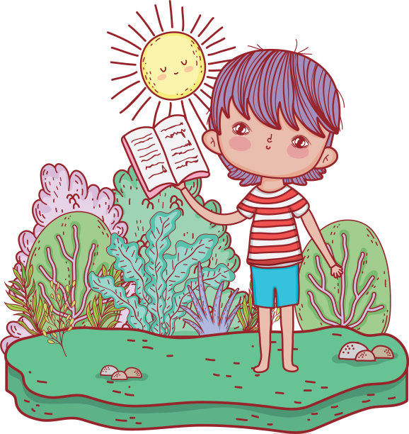 快乐的小男孩在花园里看书图片下载