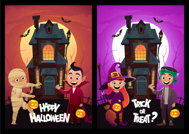 穿着怪物服装的孩子，女巫，木乃伊，吸血鬼图片下载