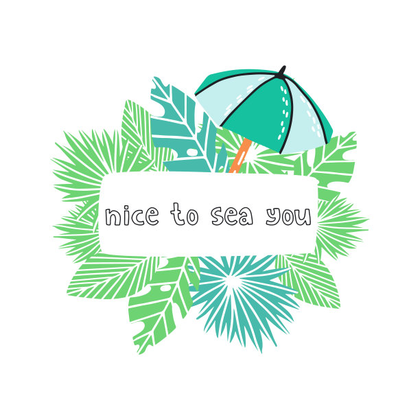 可爱的旗帜或传单模板与遮阳或伞与棕榈和怪物叶和文本的地方。很高兴出海你手写文字。平面矢量插图上孤立的背景。图片下载