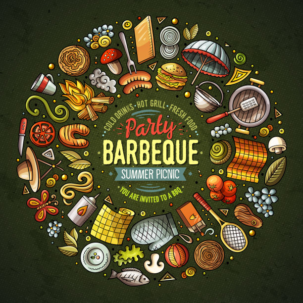 一套野餐卡通涂鸦对象符号和图片下载