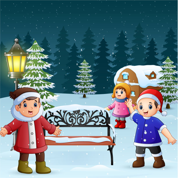 快乐的孩子在冬天的背景下玩耍图片下载