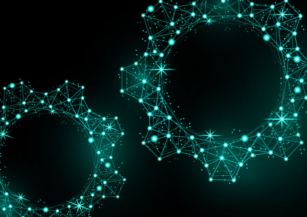 发光齿轮图标与眩光效果在黑色背景与背光。网格齿轮图标闪亮多边形网格框架。向量。图片下载