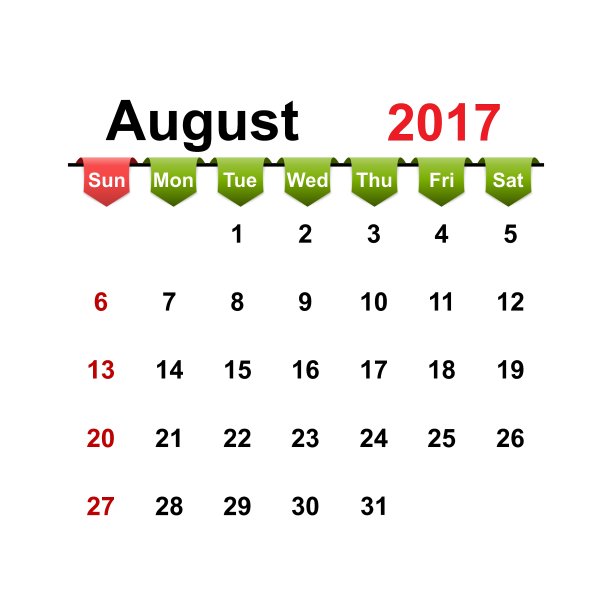 简单日历2017年8月图片下载