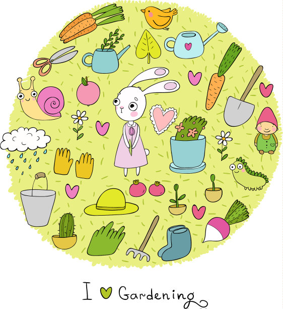 可爱的卡通兔子女孩和一套花园物品图片下载