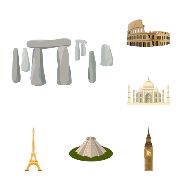 不同国家的景象卡通图标设置图片下载