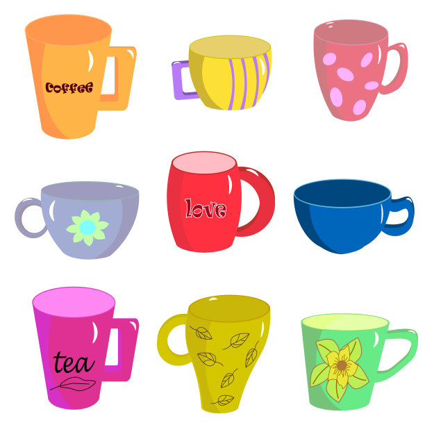 一套不同的杯子。杯矢量插图。孤立矢量插图集。咖啡和茶杯的图标。图片下载