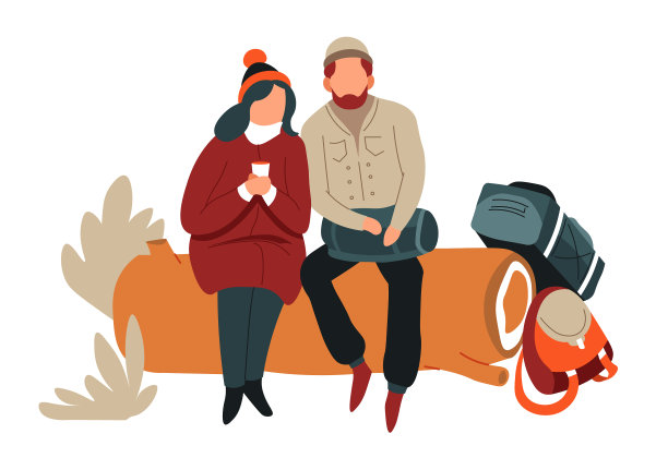 一对夫妇坐在原木上徒步旅行背包上图片下载