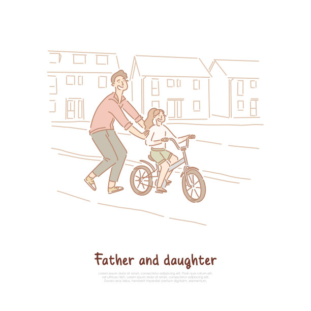 单身爸爸教女儿骑自行车图片下载