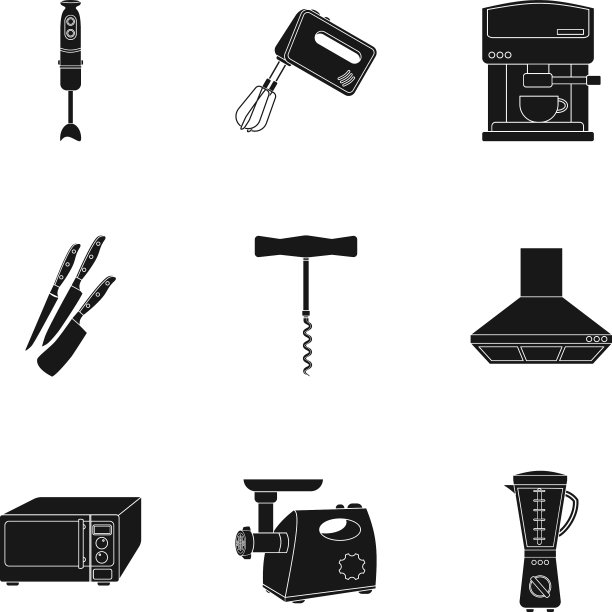 厨房设置图标在黑色风格大收集图片下载