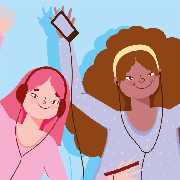 快乐的女孩用智能手机和耳机听音乐素材图片