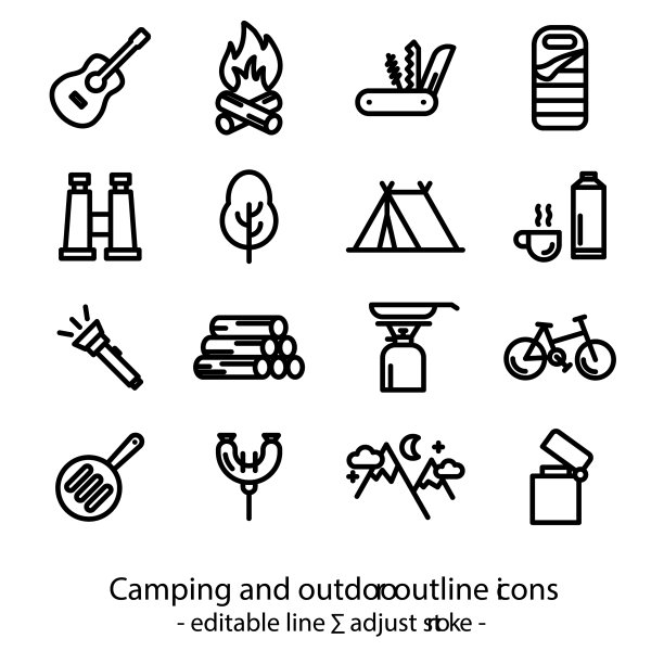 露营和户外轮廓图标-可编辑线图片下载