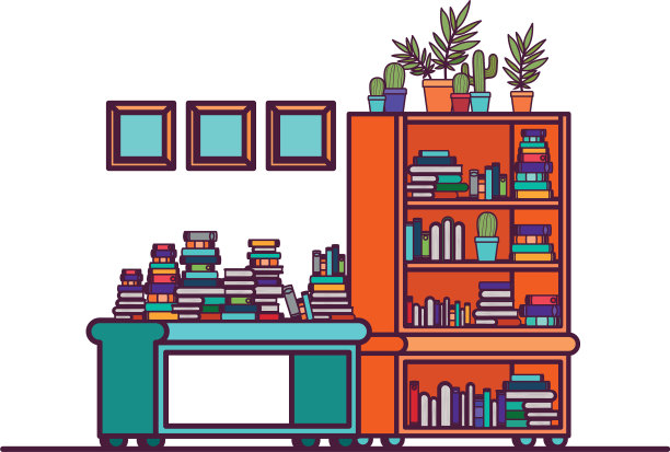 客厅有沙发和书架上的书图片下载