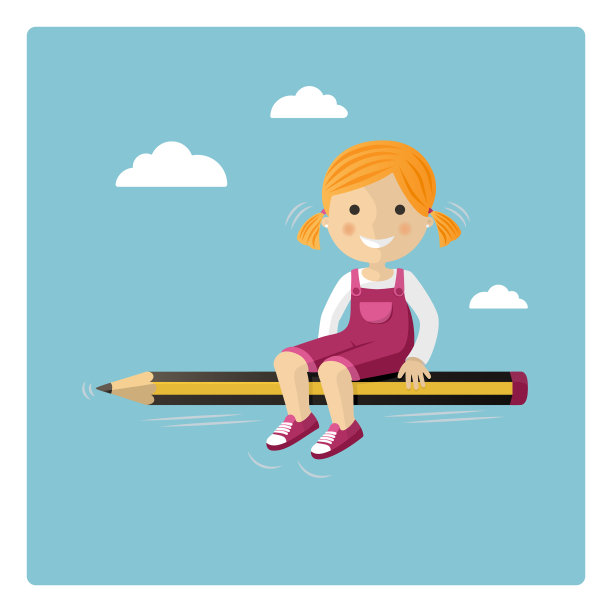金发女孩拿着铅笔在天空中飞翔图片下载