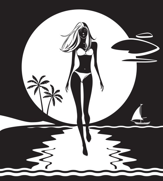 日落时分，女孩在海滩上散步图片下载